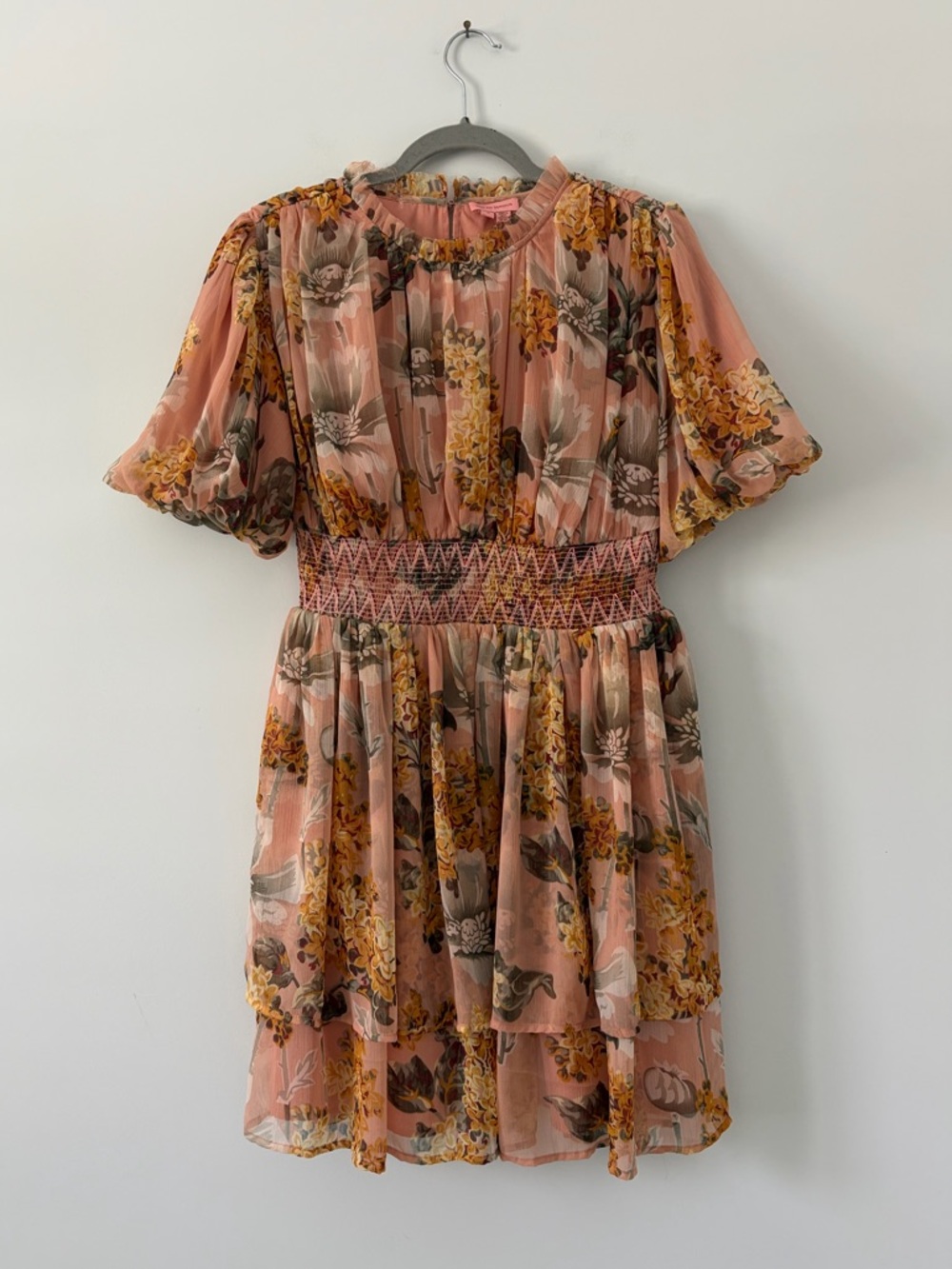 Anthropologie Not So Serious Amaranth Puff Sleeve Floral Tiered Boho Mini Dress